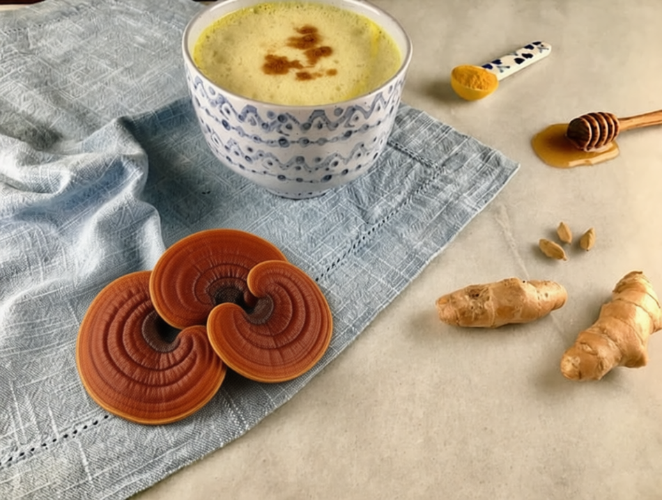 Lait de champignons dorés : une boisson ayurvédique à base de champignons reishi et de curcuma